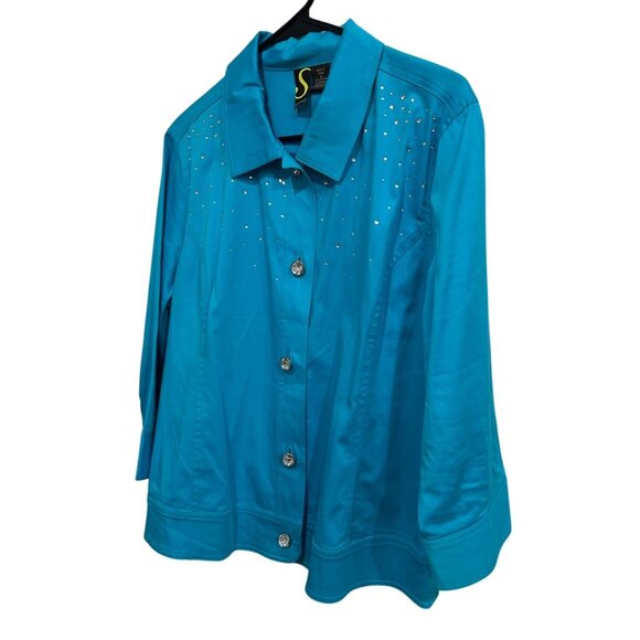 Sportelle Turquoise Studded Jacket Rhinestone Buttons 3/4 Sleeves Sz Large - Picture 3 of 8